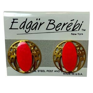 Edgar Berebi Vintage Round Gold Metal Dark Pink Enamel Stud Earnings NWT